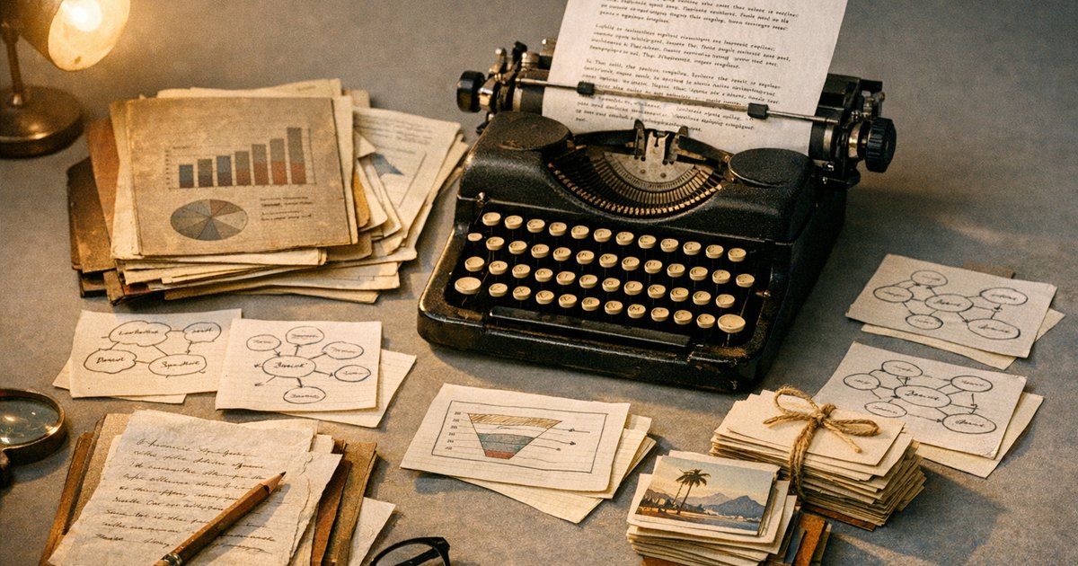 Fotografia editorial mostrando aplicações LLMs marketing com objetos analógicos e dados impressos sobre papel.