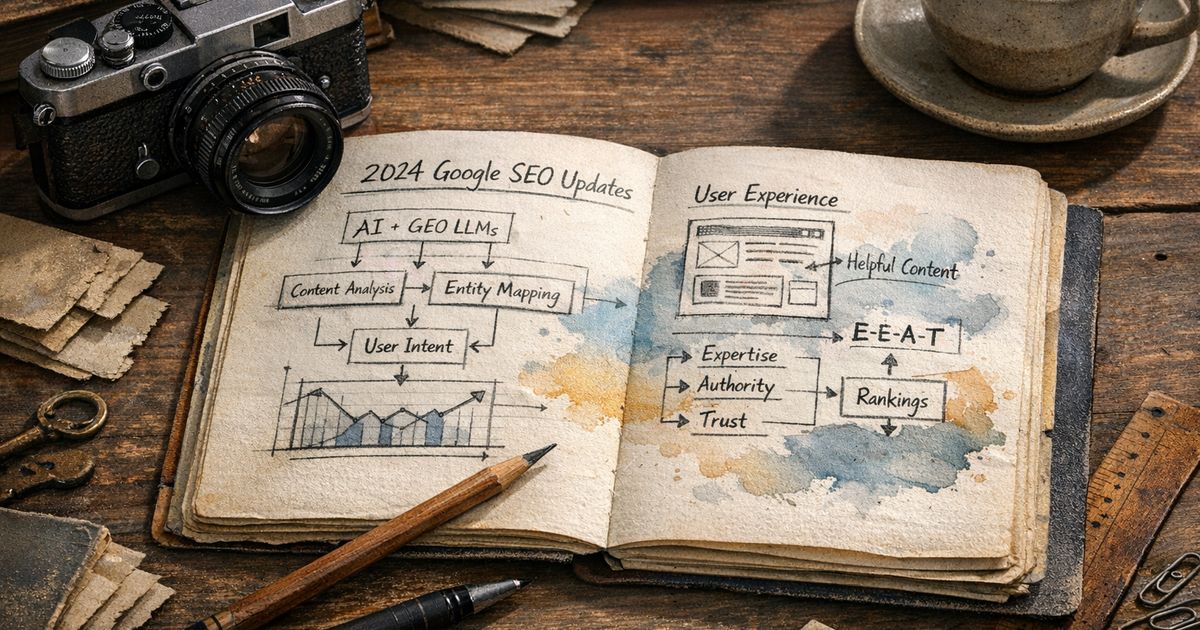 Espaço analógico com desenhos de atualizações Google SEO e ferramentas, mostrando profundidade e inovação em SEO.