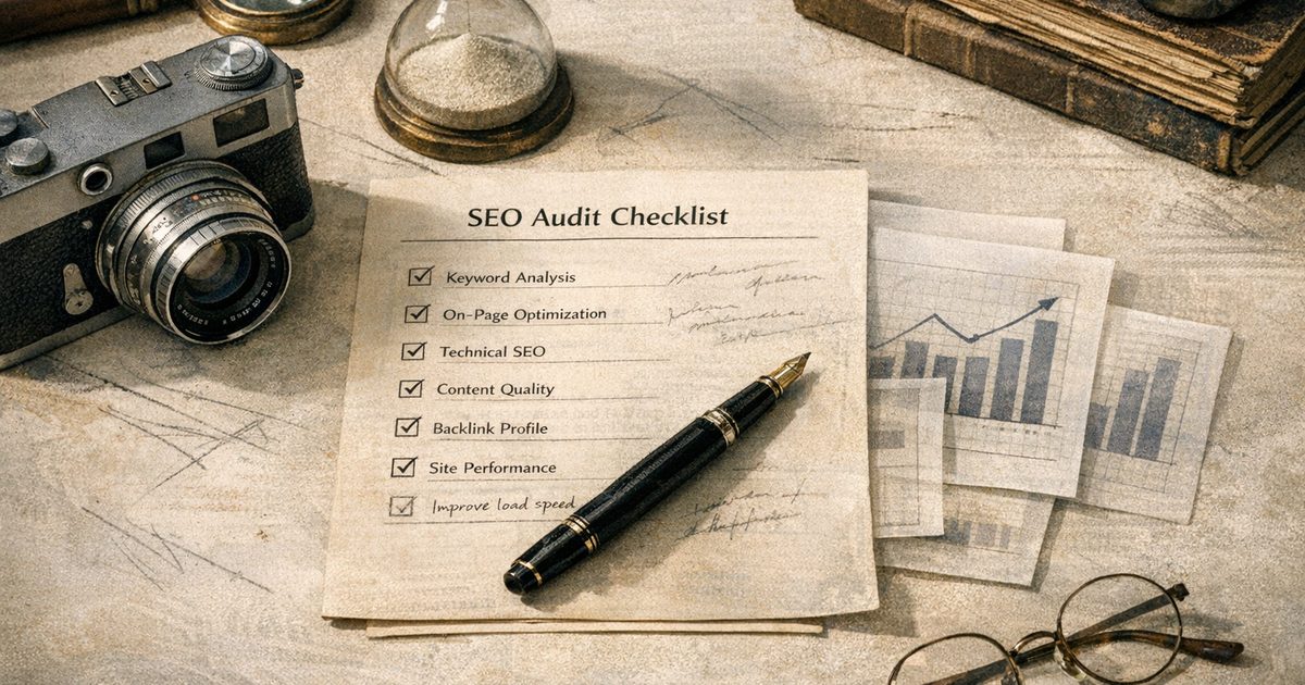 Mesa com checklist para auditoria SEO checklist 2026, caneta e papéis texturizados em foto analógica detalhada