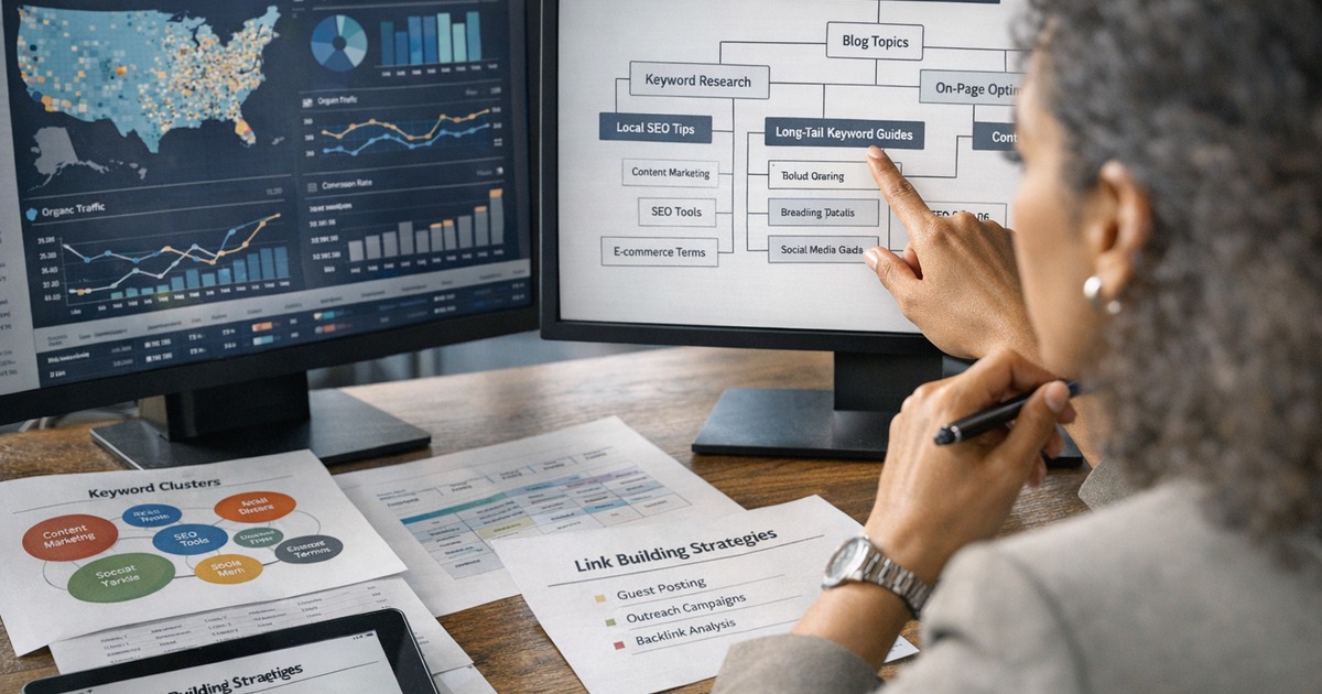 Profissional trabalhando em conteúdo SEO blogs corporativos com dados de palavras-chave e planejamento editorial