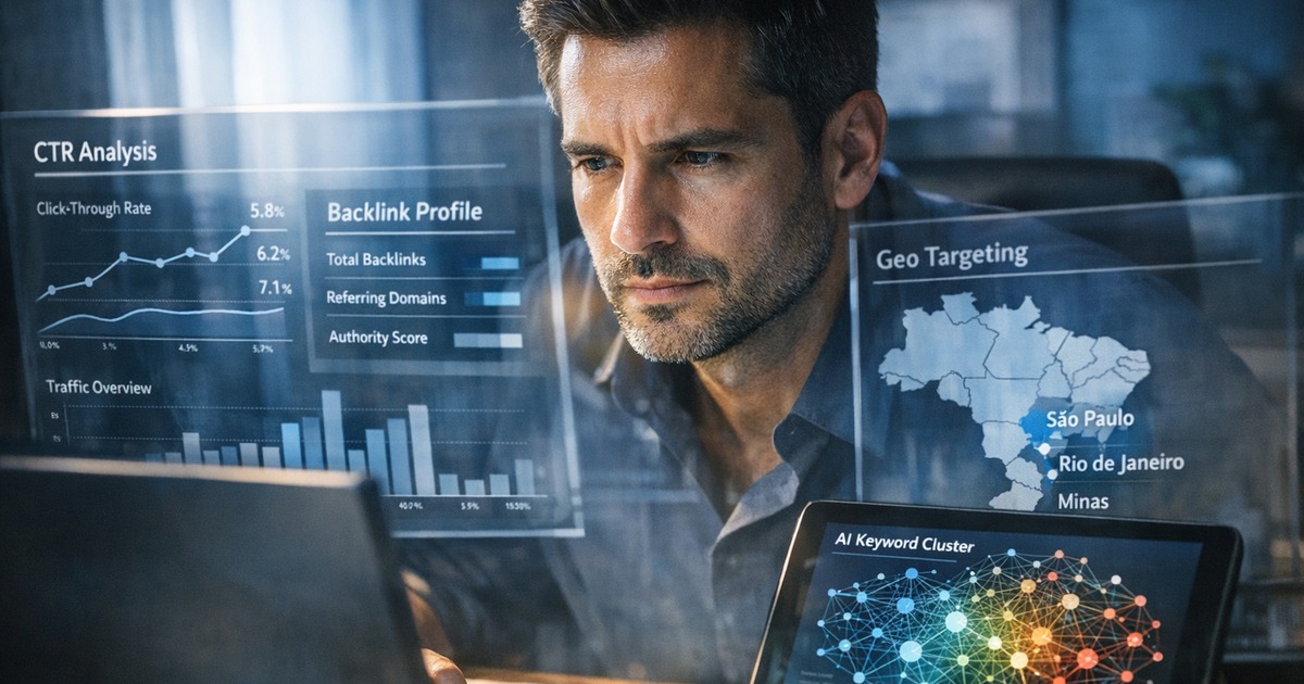 Profissional de marketing analisando métricas para crescer audiência SEO com inteligência artificial e personalização GEO