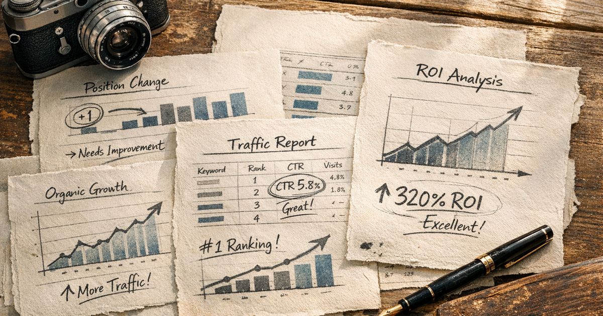Composição com dados métricas conteúdo SEO em papel texturizado com anotações manuais e instrumentos analógicos.