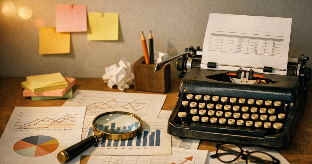 Fotografia editorial simbolizando dados para SEO conteúdo com ferramentas analíticas e objetos vintage