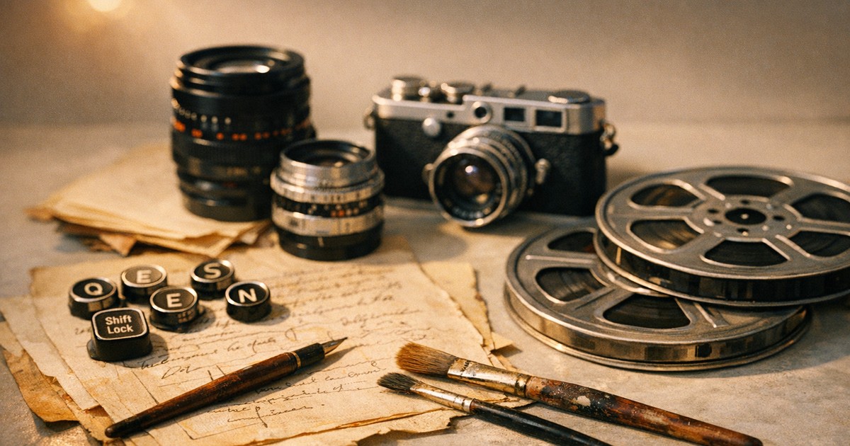 Fotografia editorial de ferramentas produção conteúdo analógicas integradas em composição artística premium.