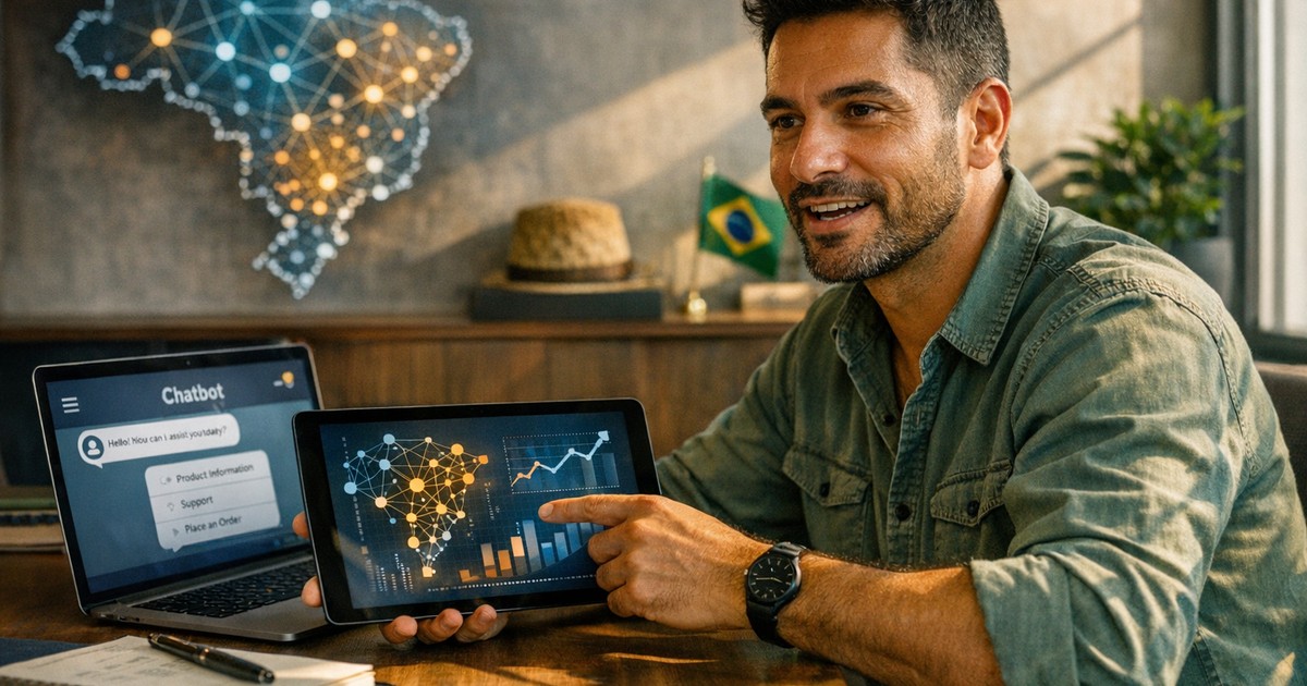 Profissional brasileiro aplicando IA marketing Brasil em análise de dados e automação regional no escritório moderno