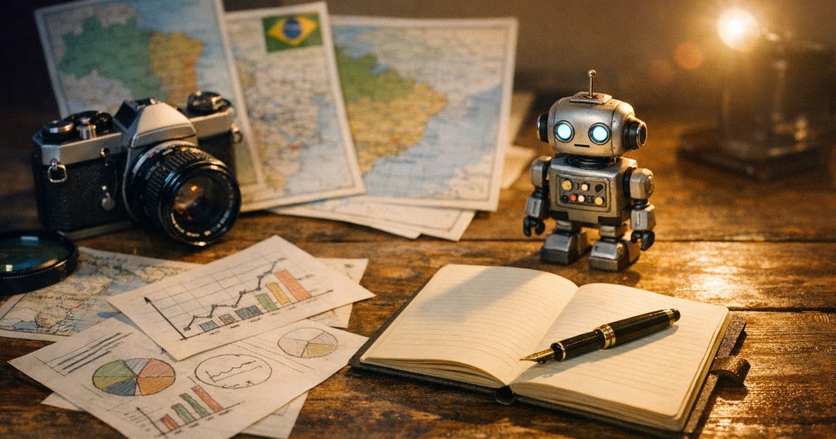 Fotografia editorial mostrando objetos que representam IA e ranqueamento Google Brasil com foco local e tecnologia.