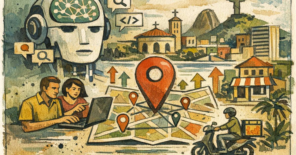 Ilustração editorial do impacto LLMs SEO local nas cidades brasileiras, com textura e cores artesanais.