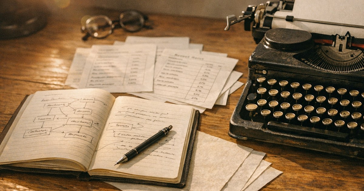 Fotografia editorial representando a integração LLMs conteúdo com ferramentas analógicas em mesa minimalista