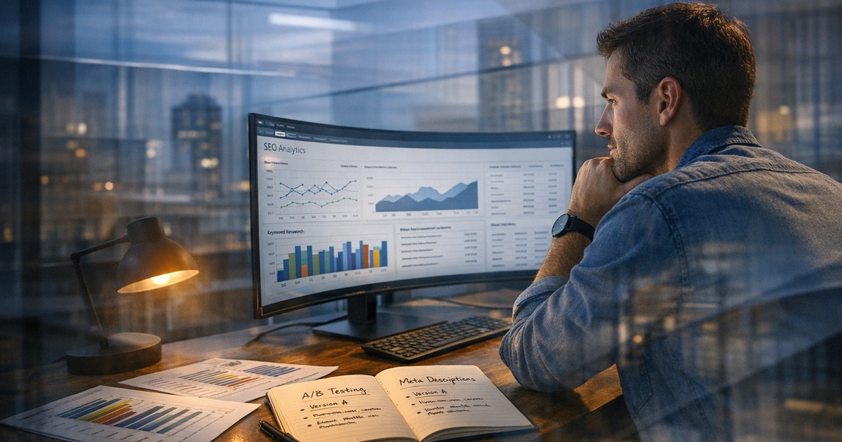 Profissional otimizando meta tags com LLMs em ambiente corporativo moderno para SEO avançado