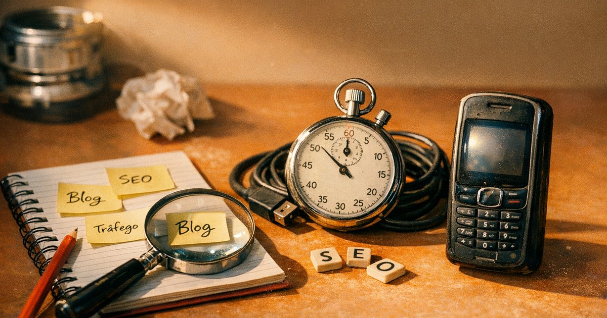 Fotografia editorial representando a otimização blog português com objetos físicos simbólicos e iluminação natural.