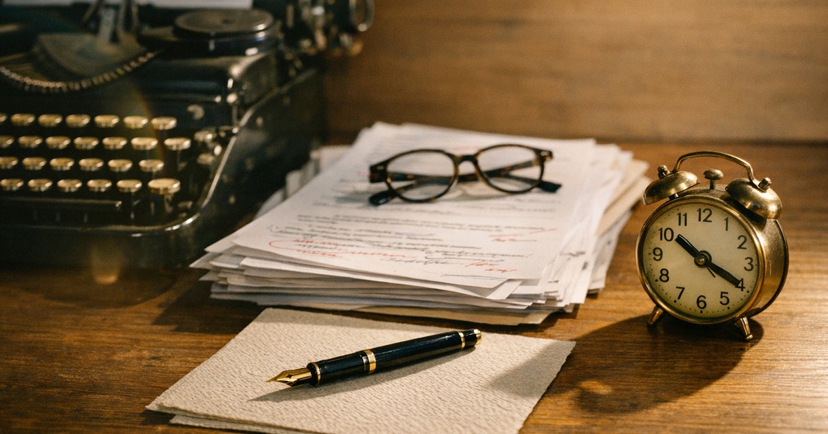 Fotografia editorial de natureza-morta ilustrando produção conteúdo autoridade digital com objetos analógicos e iluminação quente.