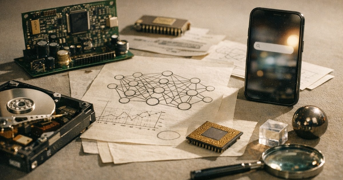 Fotografia editorial sobre integração de AI e estratégias em SEO avançado 2026 com objetos tecnológicos e dados.